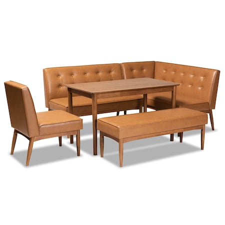 Baxton Studio Arvid Mid-Century Modern Tan Faux Leather and Walnut Brown Finished Wood 5-Piece Dining Nook Set 175-10837-10838-10839-9305-Zoro